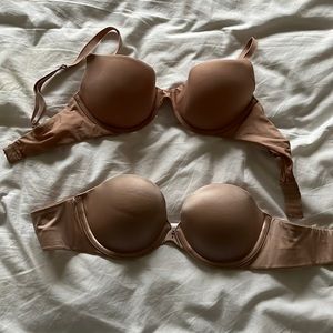 Lot of 2 nude Victoria’s Secret 32B bras: Lined Demi + Biofit strapless bra